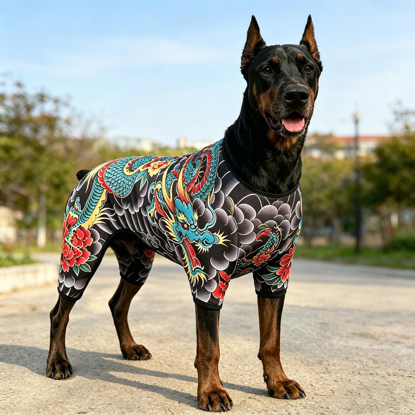 狗狗衣服四脚连体衣龙纹紧身纹身衣高弹防脏保护服宠物服装四季款