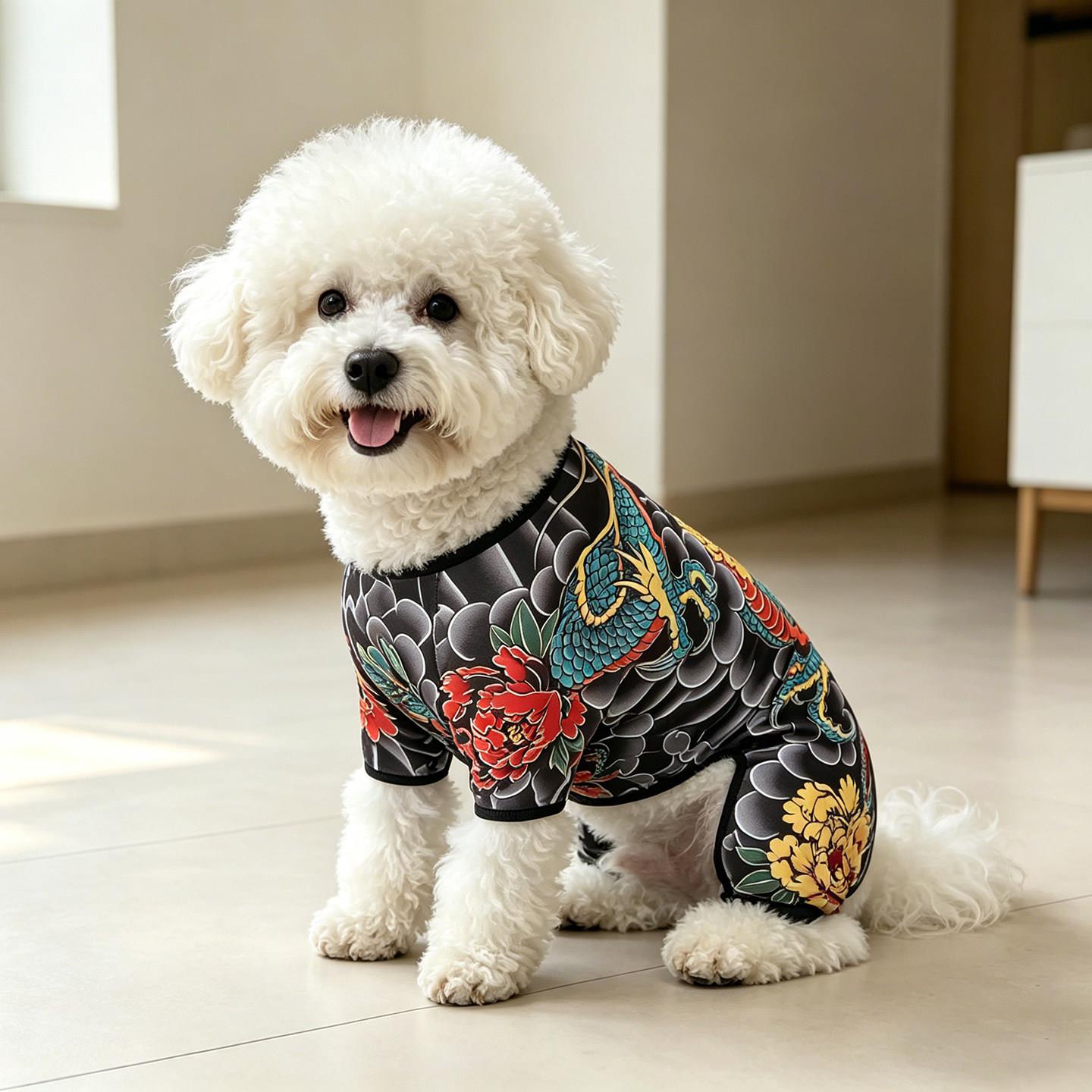 狗狗衣服龙纹印花纹身衣紧身弹性面料比熊泰迪猫咪宠物四脚衣服装