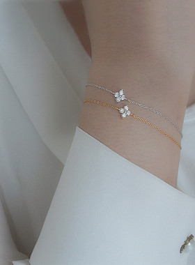 925银日系迷你镶钻四叶花朵手链