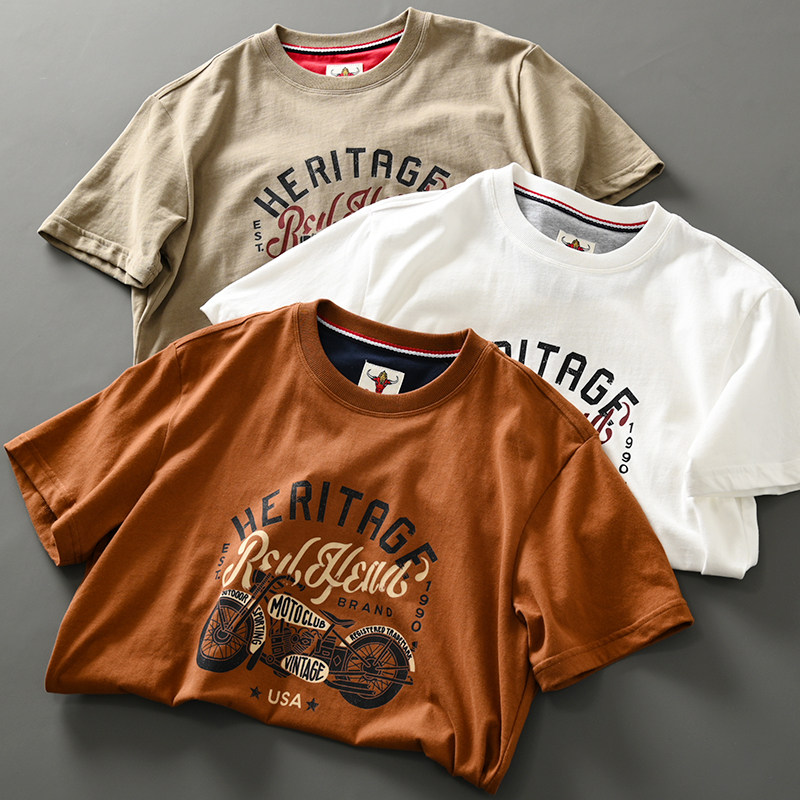 美式复古纯棉短袖T恤外贸男士夏机车摩托印花阿美咔叽青年半袖tee