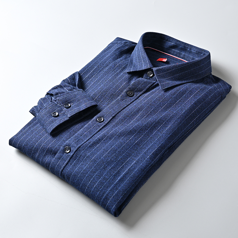 翻领长袖商务休闲单排扣条纹衬衫