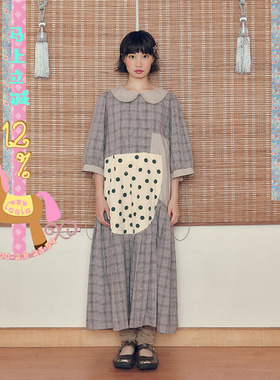 乐饿乐 天使武馆 波点x格纹 娃娃领宽松百褶连衣裙
