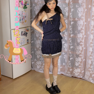 leele Retirement Paradise斜肩工装水洗波点绉纱无袖裙套装