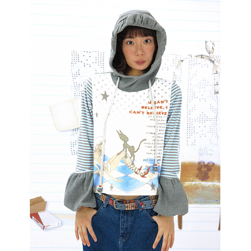 coconut系列 leele*章鱼草 黑猫女孩杂志内页印花连帽卫衣