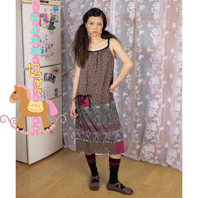 leele Retirement Paradise植物花纹透纱拼接吊带连衣裙2色