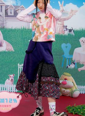 乐饿乐 樂园碎花层次感 复古紫色羊毛呢半身裙设计感高腰拼接裙子