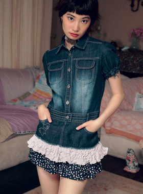 Leele2023夏季新品 夢遊 做旧牛仔多层兔子烫钻蛋糕连衣裙