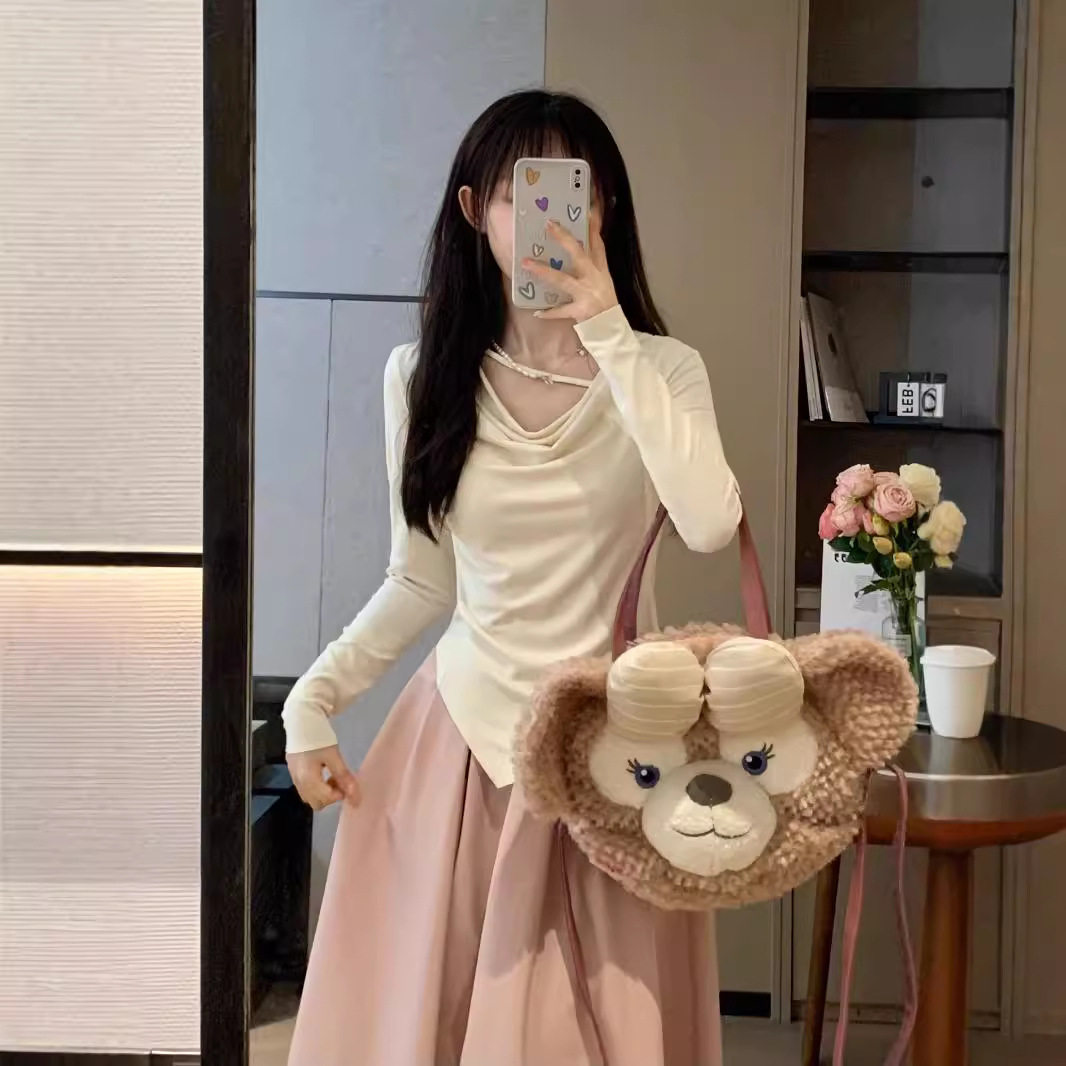 温柔风套装不规则长袖t恤上衣女秋季高腰A字裙半身裙气质两件套