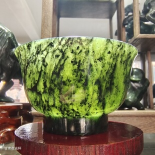 酒泉夜光杯大号奶茶碗墨玉手工打磨甘肃武山鸳鸯玉大号主人杯茶具