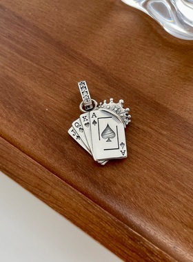 s925纯银扑克牌皇冠吊坠 复古做旧泰银潮酷大牌稳赢项链坠 黑桃a