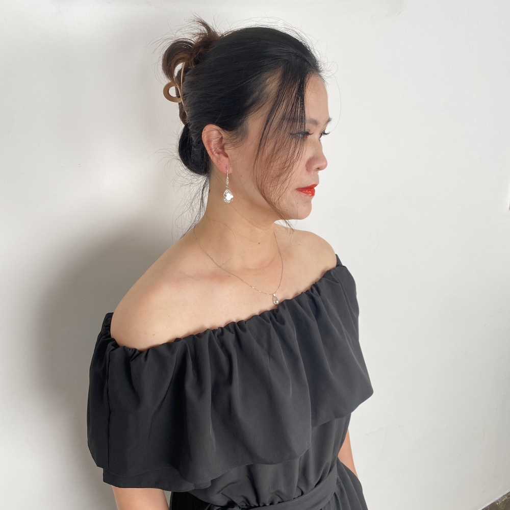 WONMORY婉美 WM-OP007 黑色荷叶边一字领连体裤 日系