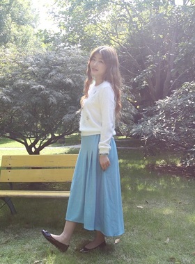 WONMOY婉美 W234-SK001 天蓝色含毛半身裙  日系