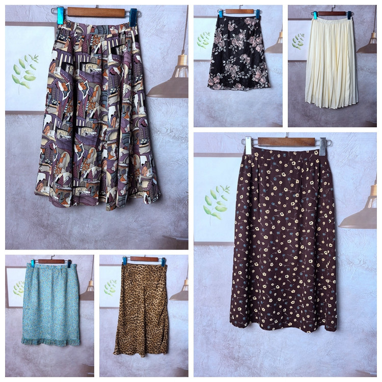 古着Vintage日系花色优雅森系印花碎花雪纺大摆半身裙S308