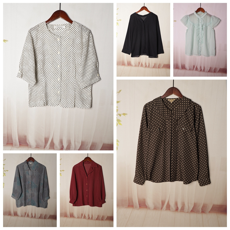 Vintage古着日制中长款波点格子印花菱格春夏季女装衬衫  Y478
