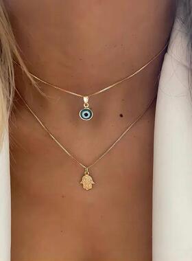 Turkish Lucky Double Layer Palm Evil Eyes Pendant Necklace f