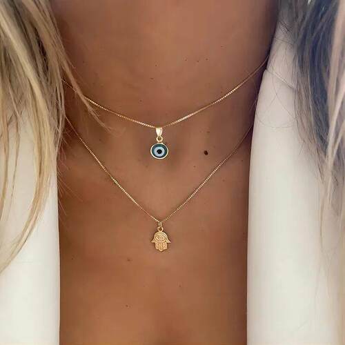 Turkish Lucky Double Layer Palm Evil Eyes Pendant Necklace f
