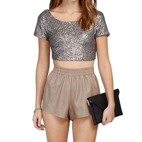 速卖通爆款Sequin Crop Top Women Summer T-shirt Short Sleeve