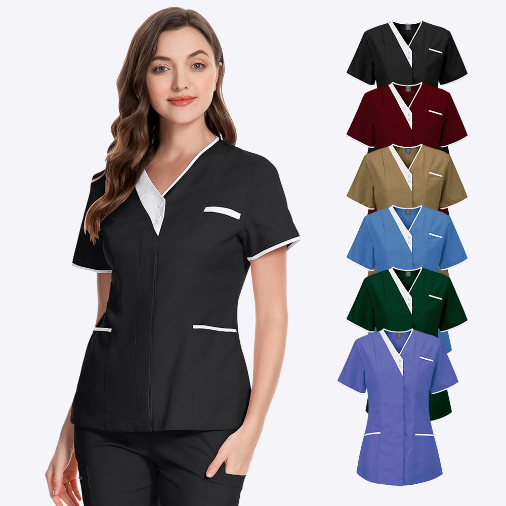 医院手术服短袖医生护士服棉V领技师工作服女诊所美容院上衣