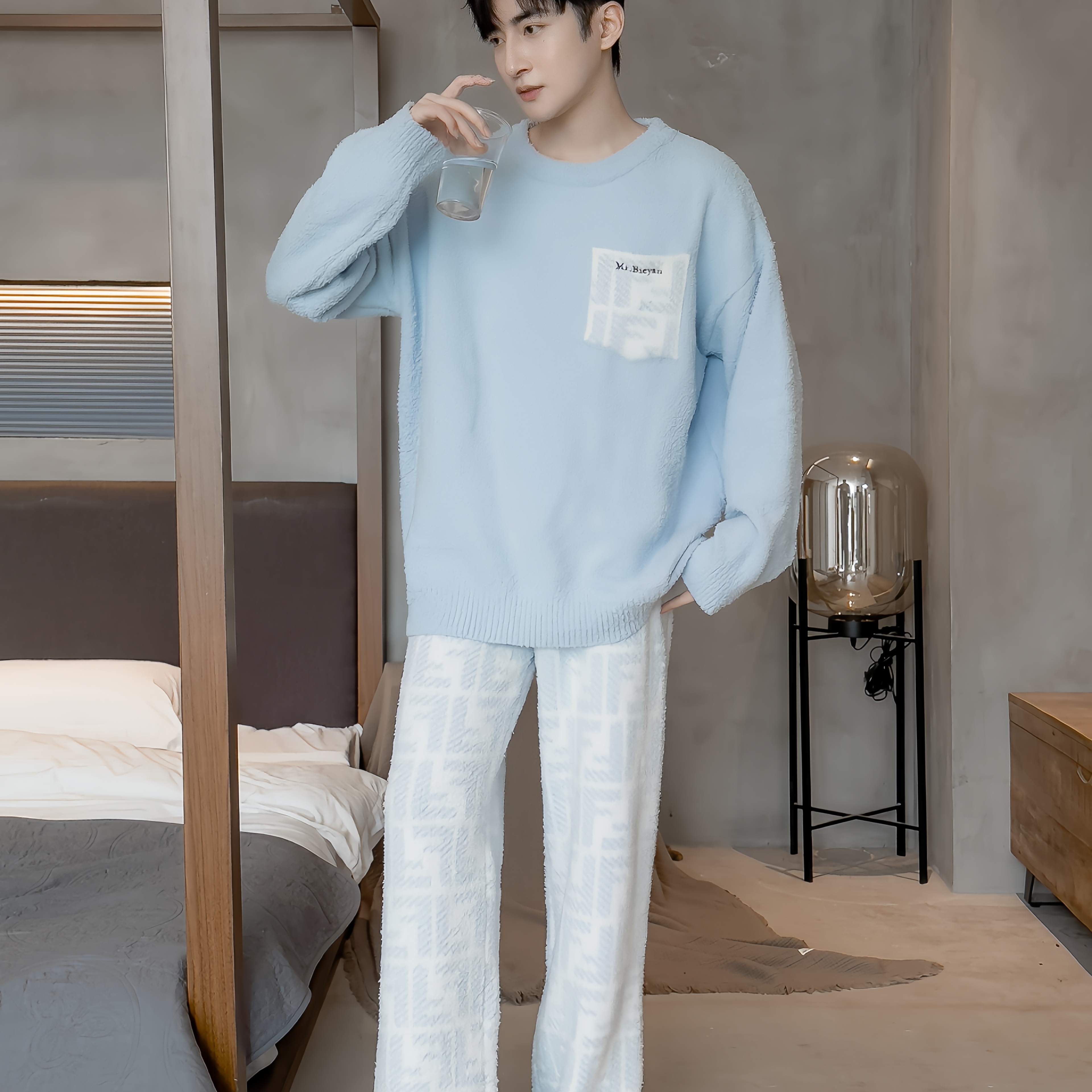 半边绒冬季加厚保暖男款家居服