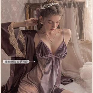 法国轻奢真丝睡衣性感丝绒睡裙纯欲风带胸垫吊带睡袍两件套礼盒装