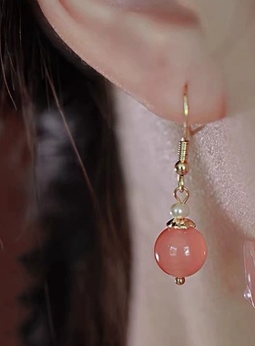 桃绯红*绯红仿玛瑙吊坠耳环粉色气质耳坠复古耳钉新国风耳饰女
