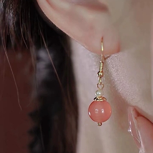 桃绯红 绯红仿玛瑙吊坠耳环粉色气质耳坠复古耳钉新国风耳饰女