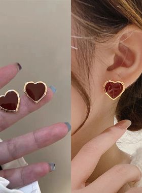 简约爱心酒红色滴油耳环女高级感无耳洞耳夹秋冬百搭耳钉气质耳饰
