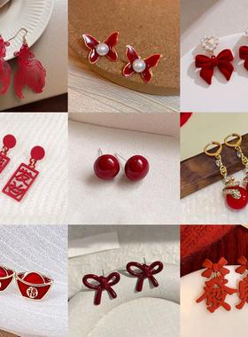 红色蝴蝶结耳环女2025新款爆款仿珍珠耳钉新年喜庆轻奢小香耳饰女