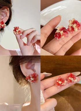 小众独特气质红色花朵耳钉女2025新款爆款耳饰高级感轻奢精致耳环