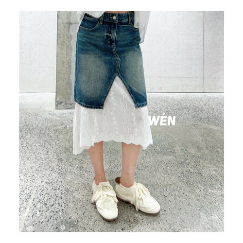 WEN买手店 UHOO WU 2026年新款休闲宽松 蕾丝拼接牛仔半裙 牛仔蓝