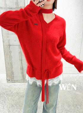 WEN买手店   AVVENN  2026春季蕾丝花边拼接配围脖针织毛衫红色