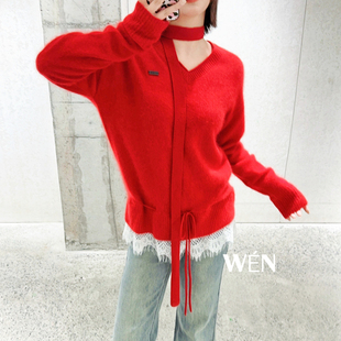 蕾丝花边拼接配围脖针织毛衫 2026春季 红色 AVVENN WEN买手店
