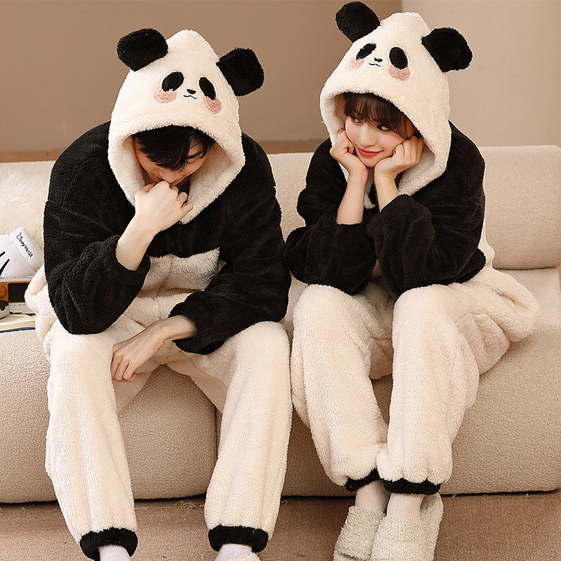 熊猫情侣连体睡衣女秋冬季加绒加厚珊瑚绒冬天法兰绒卡通家居服男