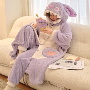 珊瑚绒睡衣女款秋冬季加厚加绒法兰绒睡袍冬天可爱毛绒家居服套装