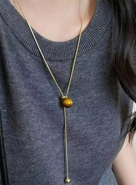 美拉德虎眼石金色毛衣链女长款抽拉项链秋冬复古颈链2025年新款