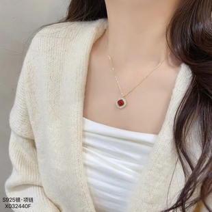 小众S925纯银锆石红色吊坠项链女高级感锁骨链时尚 颈链2026年 个性