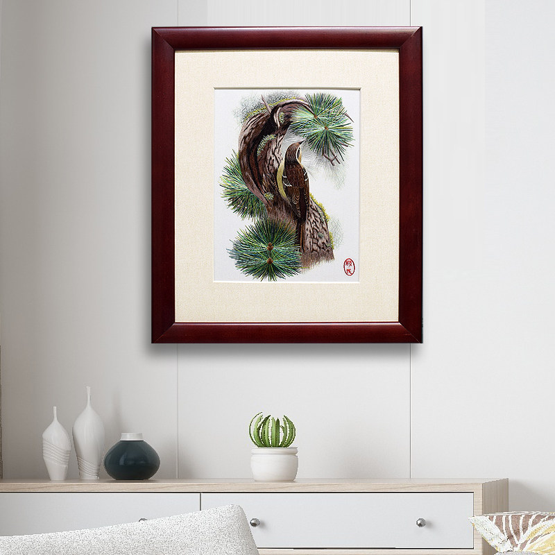 26*32顾氏手工刺绣麻雀松针鸟语花香苏绣小副过道书房走廊装饰画