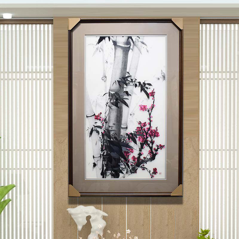 顾氏刺绣纯手工梅花挂画新中式装饰苏绣水墨梅竹图书房玄关竹子图