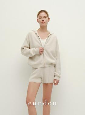 enndou100%纯山羊绒针织外套女2025春秋新款休闲风华夫格连帽卫衣