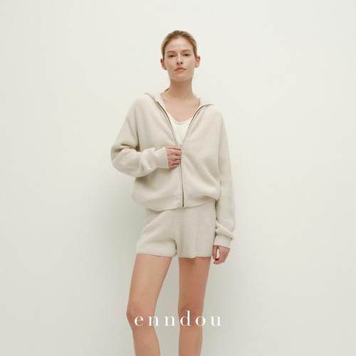 enndou100%纯山羊绒针织外套女2025春秋新款休闲风华夫格连帽卫衣