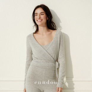 enndou2026秋装新款纯山羊绒上衣V领交叉裹身系带针织衫女