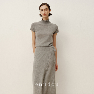 enndou 100%羊绒原创2025秋装新款卷边高领短袖上衣初秋T恤针织衫