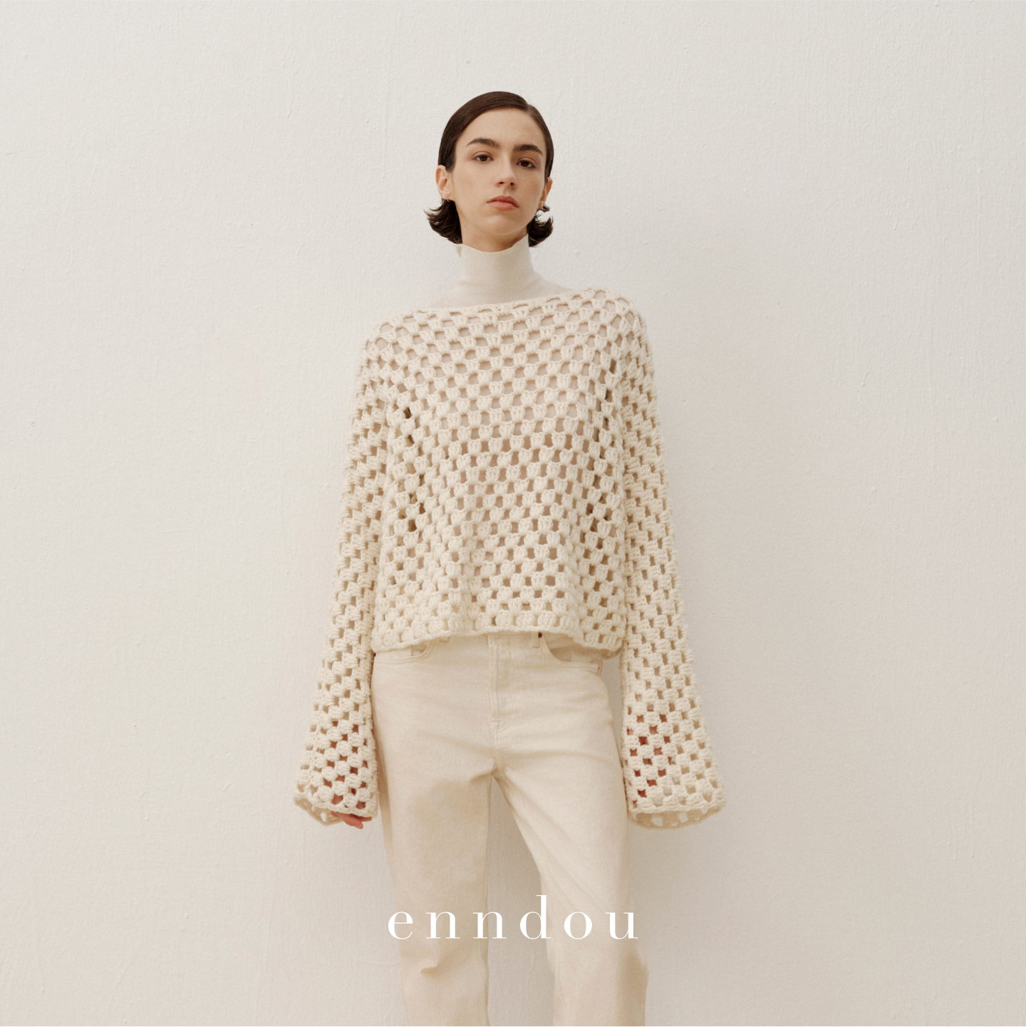 enndou 100%内蒙纯羊绒手工钩针套头衫镂空设计上衣原创针织衫女