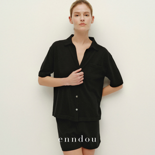 套装 黑色polo领时尚 enndou100%精纺山羊绒慵懒感上衣春秋新款