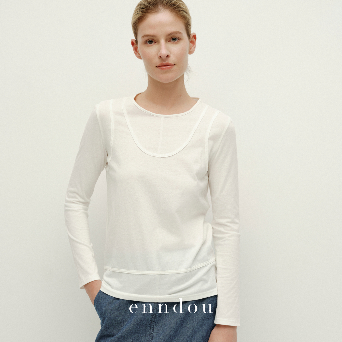 enndou 100%匹马棉长袖上衣2025春秋新款圆领设计感修身假两件T恤