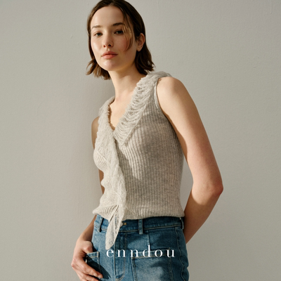 enndou羊绒长流苏V领无袖背心