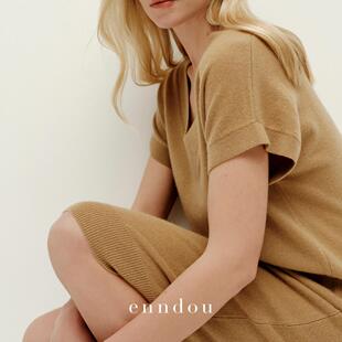 enndou 【福利秒杀 不退换】100%山羊绒双色V领设计感针织连衣裙