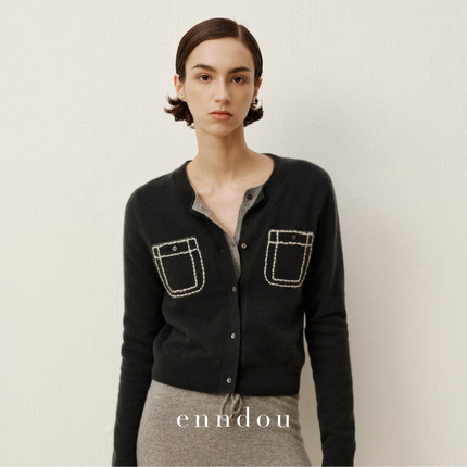 enndou 100%羊绒衫针织开衫2025秋装新款原创双口袋针织上衣毛衫