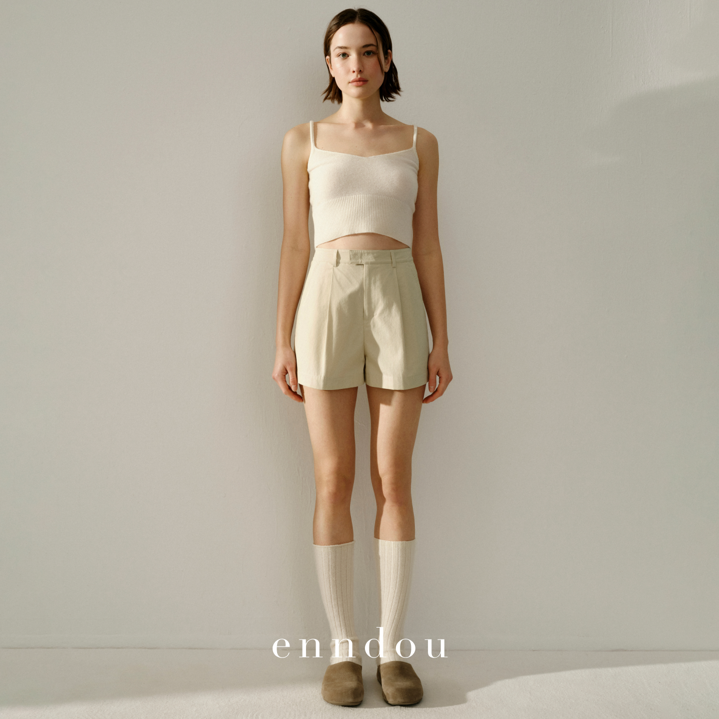 enndou春季新款100%纯棉系扣休闲短裤宽松裤子日本进口面料短裤女
