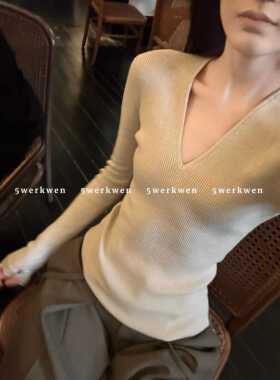 5werkwen 奶茶色V领针织衫春夏修身显瘦百搭打底衫气质长袖上衣